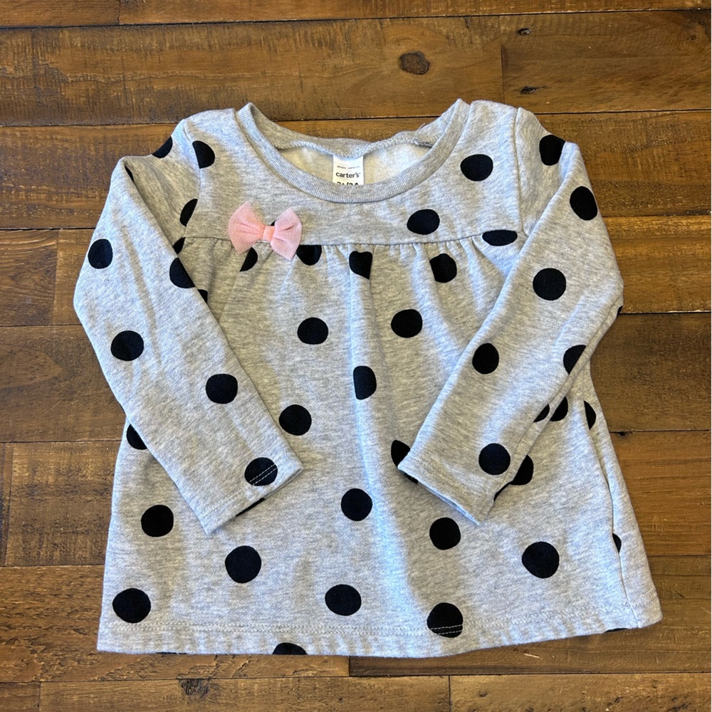 Carter's Grey Long Sleeve Polka Dot Top with Pink Bow